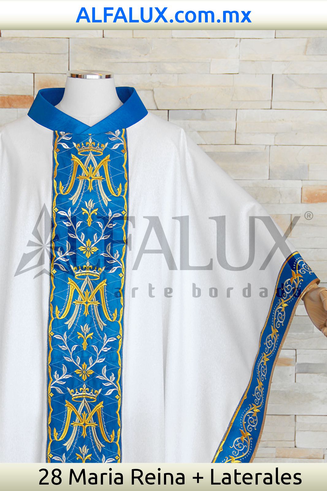 28 MARIA REINA Casulla Alfalux Central Laterales Blanco Azul 102